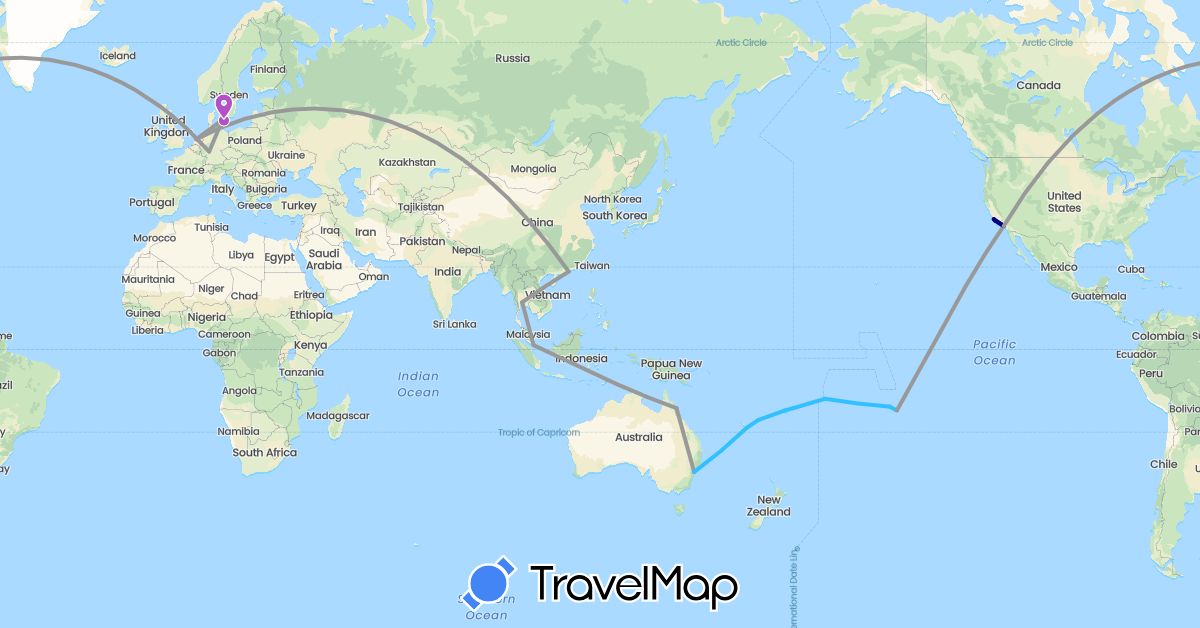 TravelMap itinerary: driving, plane, train, boat in Australia, China, Germany, Denmark, Fiji, France, Netherlands, Sweden, Singapore, Thailand, United States, Vanuatu (Asia, Europe, North America, Oceania)